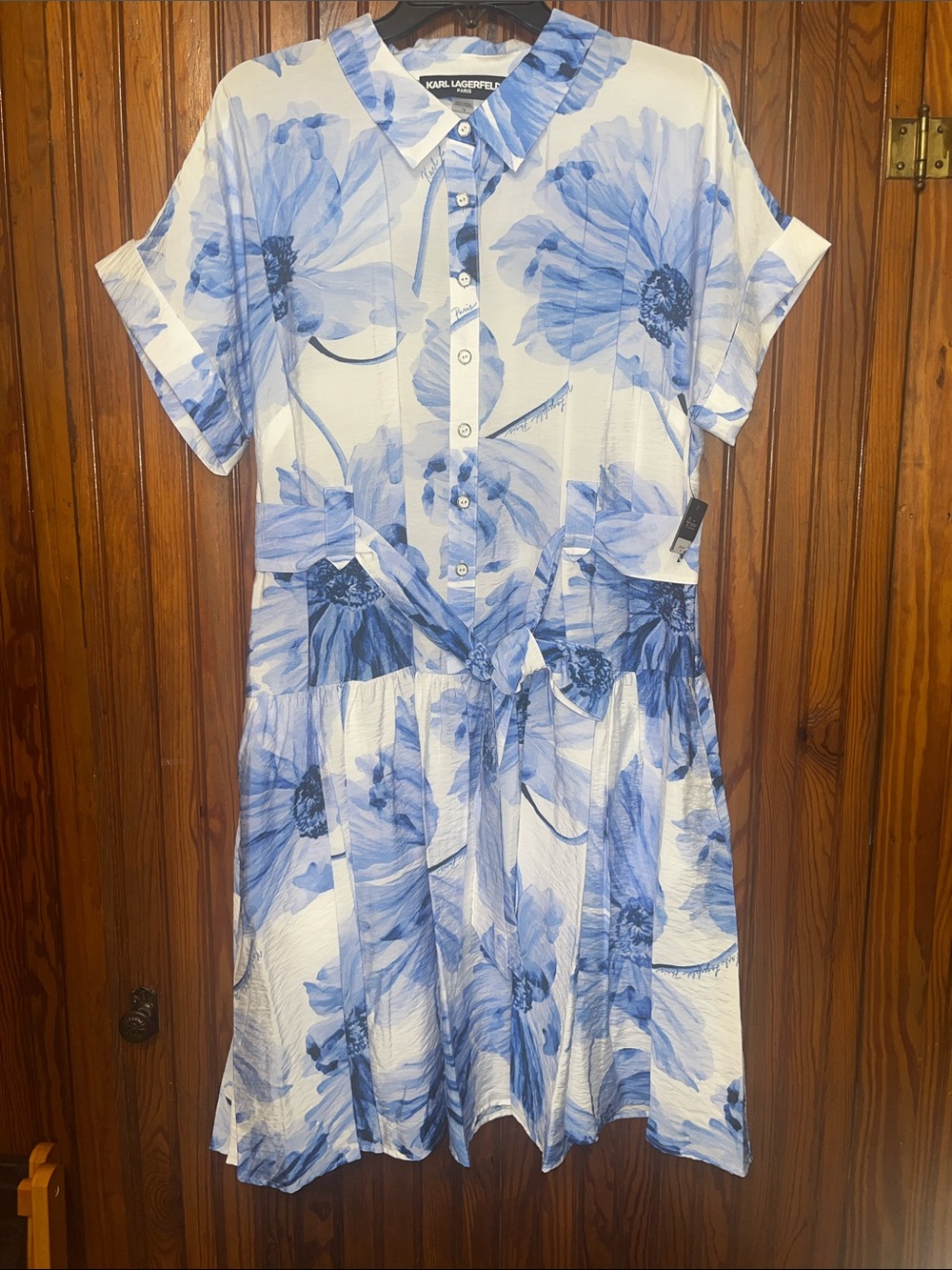 Karl Lagerfeld White Dress with Blue Floral Print and Tie Waist